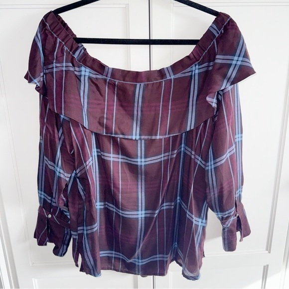 Ann Taylor LOFT Burgundy/Blue Plaid Off-Shoulder Blouse Sz Large - Picture 4 of 12